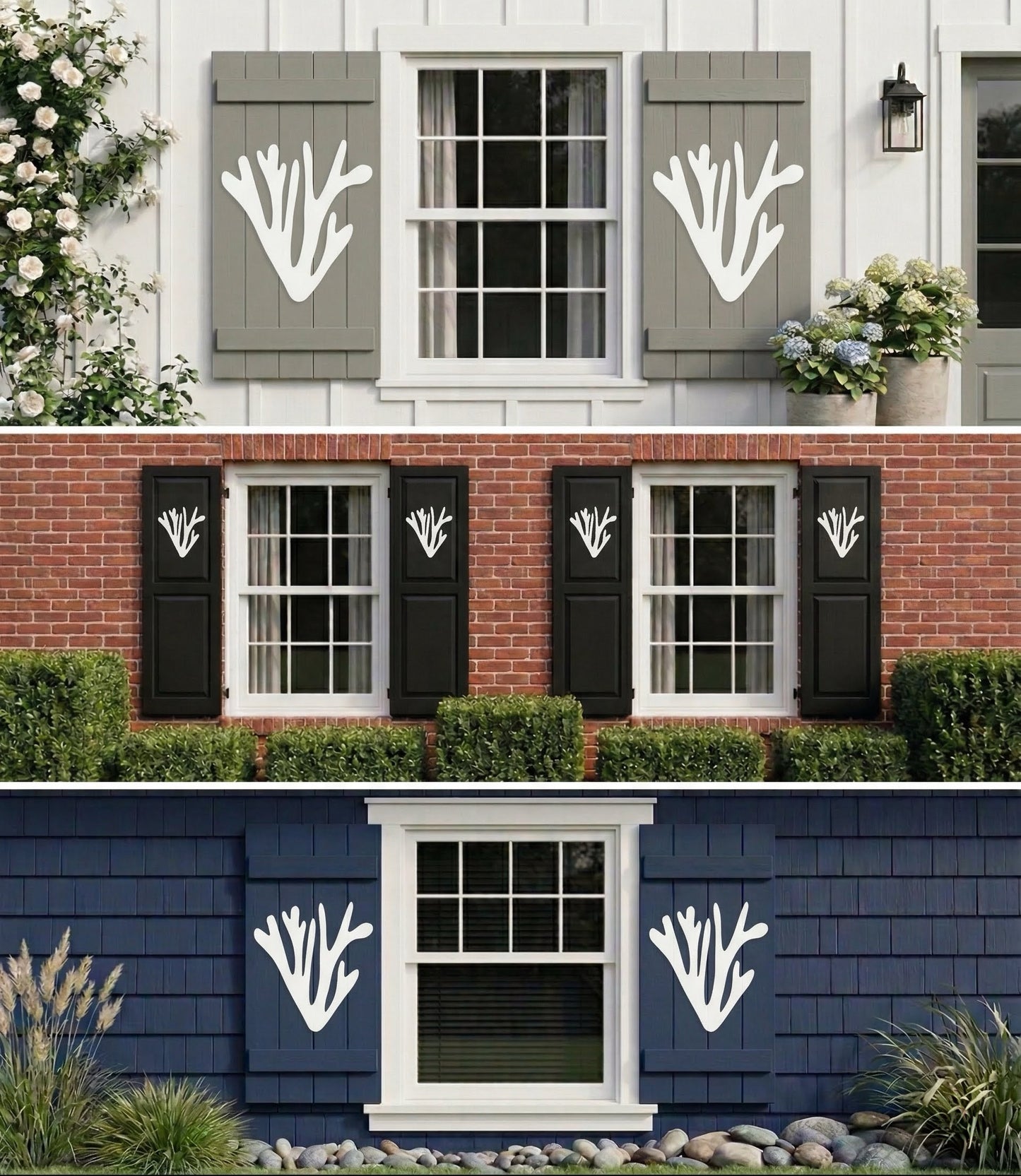 Collage of three different exterior wall designs with white PVC coral-like patterns on shutters and siding.