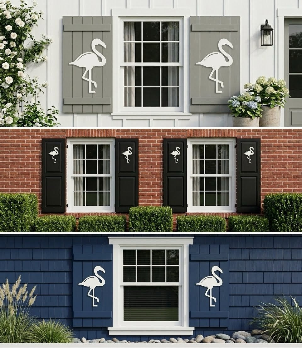 Decorative PVC accent shutters with flamingo designs on a house exterior.