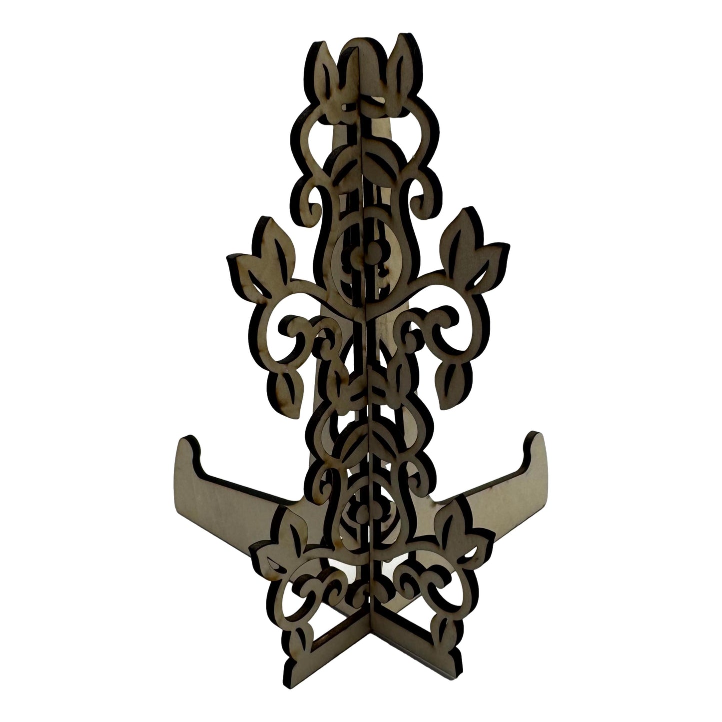 Ornate Laser-Cut Basswood Display Stand – Elegant Scrollwork Easel for Picture Frames, Plates, and Art