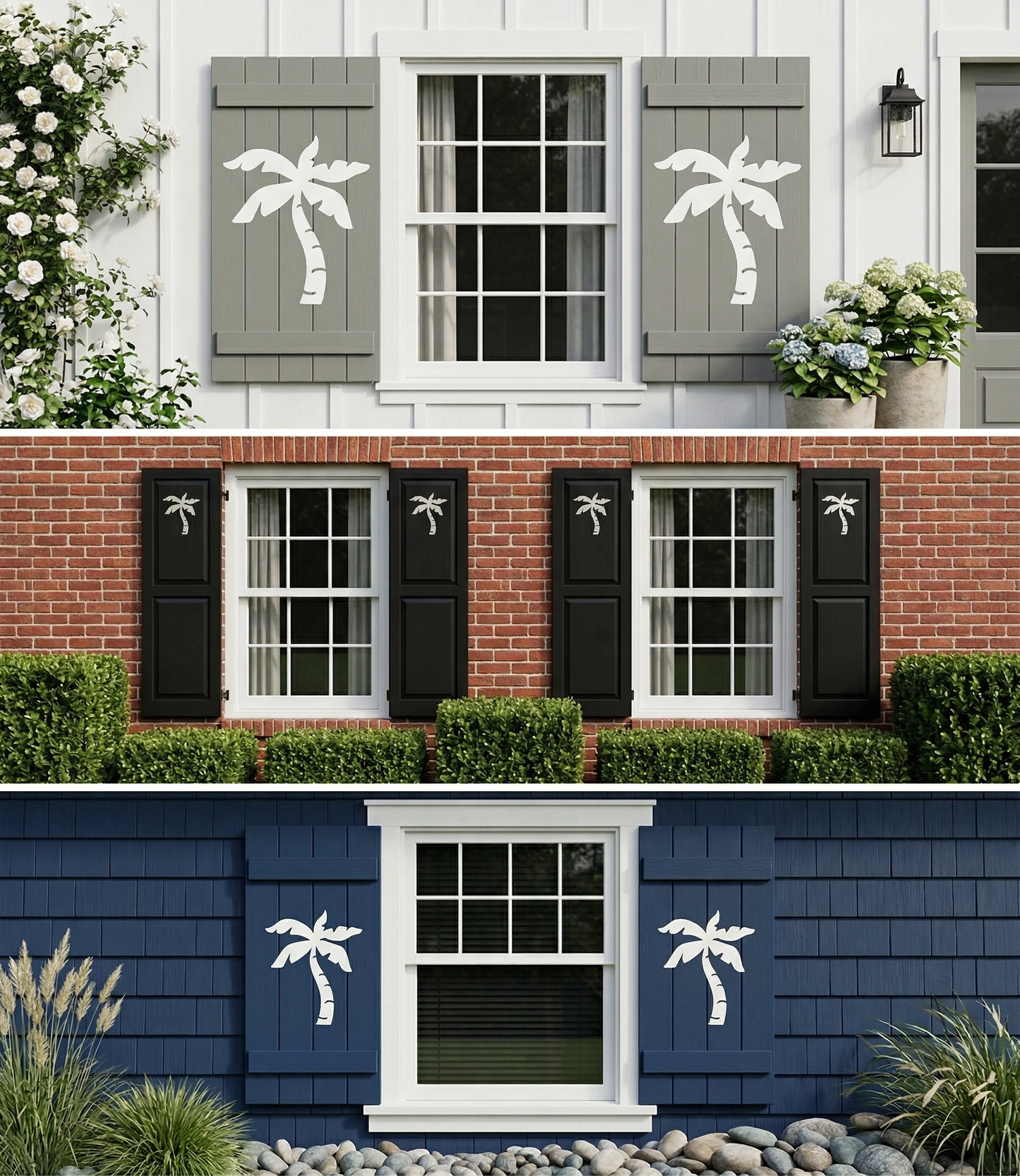 Decorative window shutters with palm tree designs on different colored house exteriors.