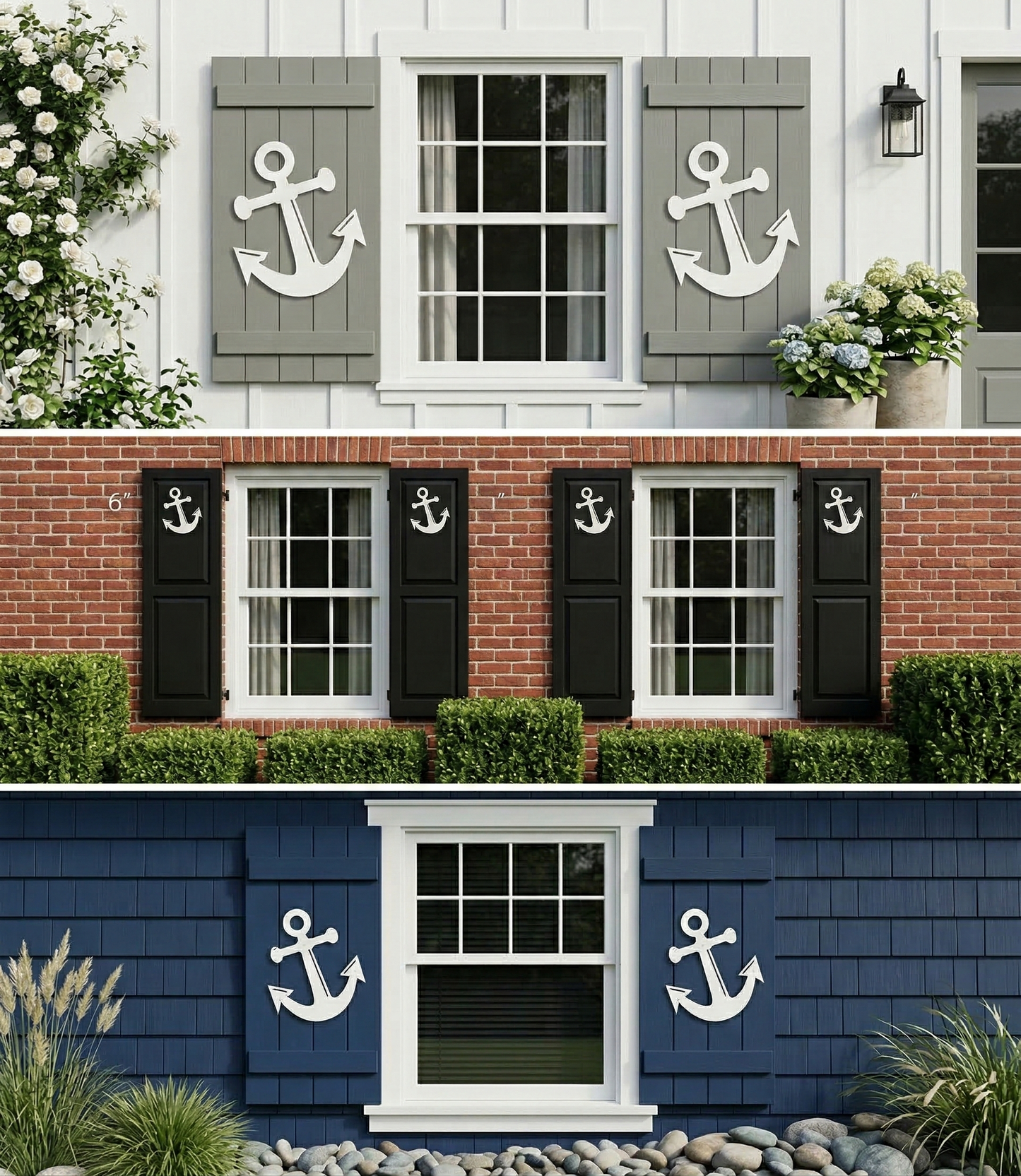 Collage of three different house exteriors with window shutters featuring white anchor accent designs.