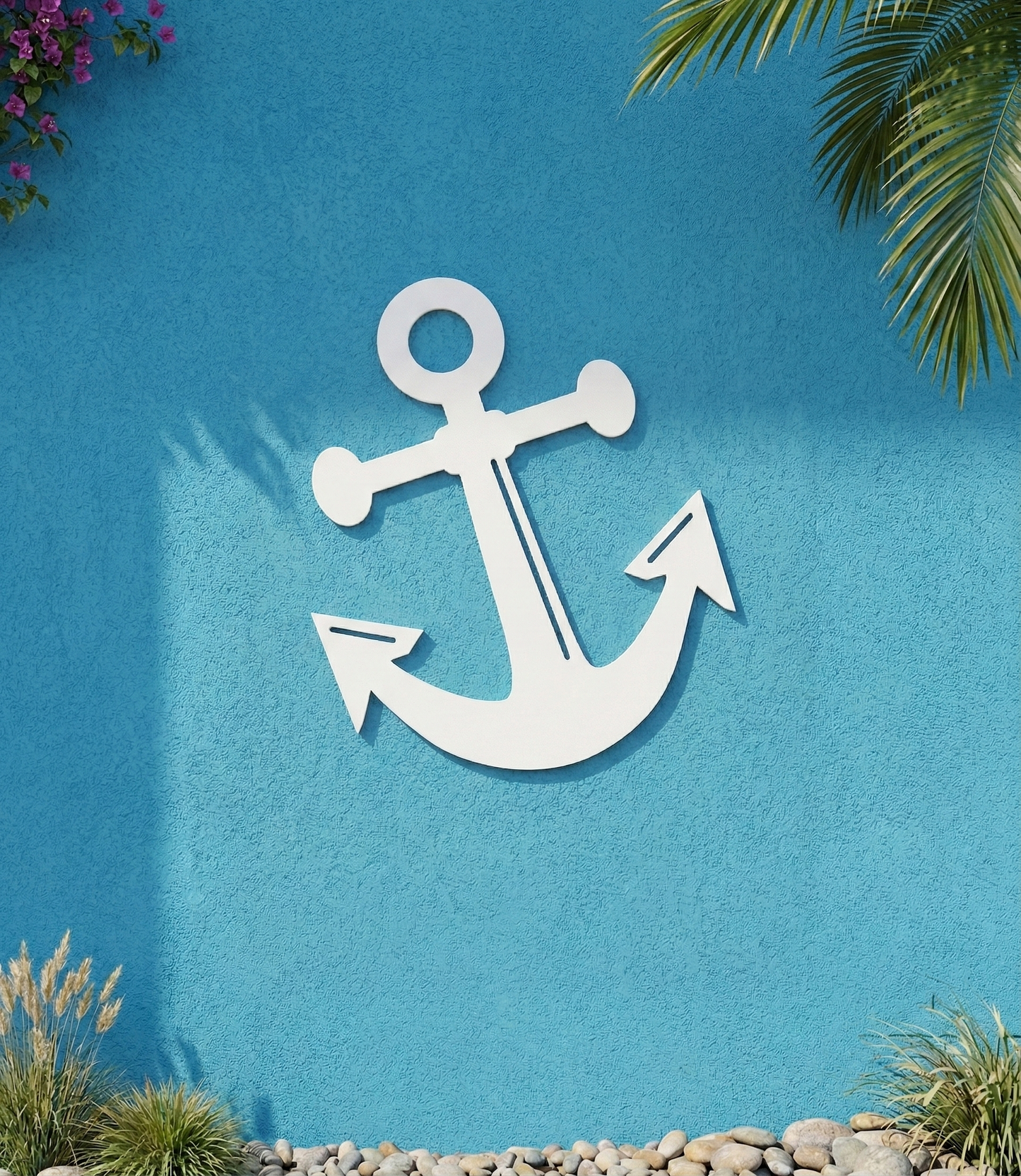 White PVC anchor wall / shutter accent art on a blue wall with plants around
