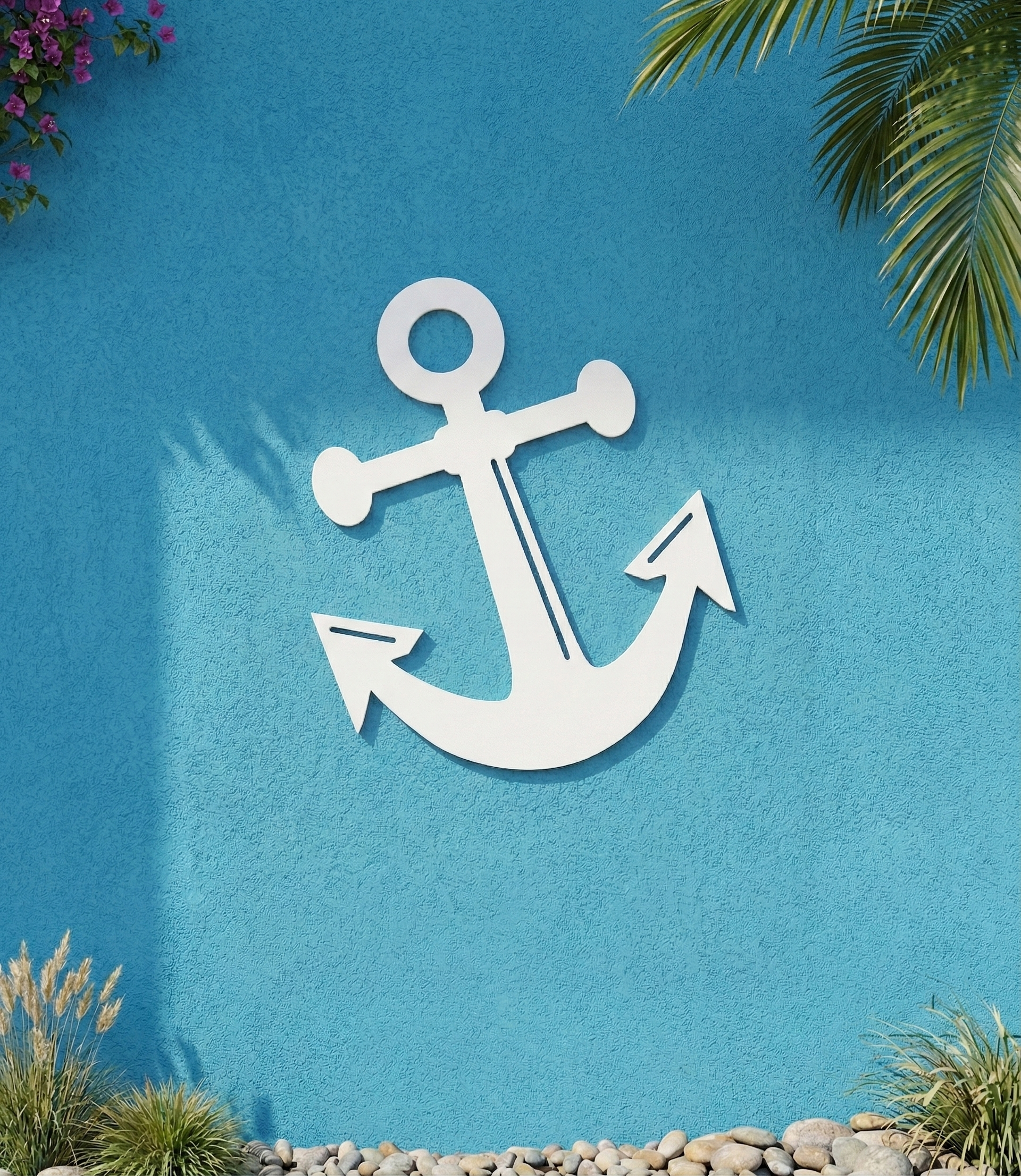 White PVC anchor wall / shutter accent art on a blue wall with plants around