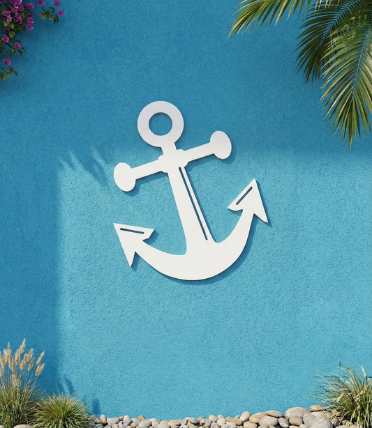 White PVC anchor wall / shutter accent art on a blue wall with plants around