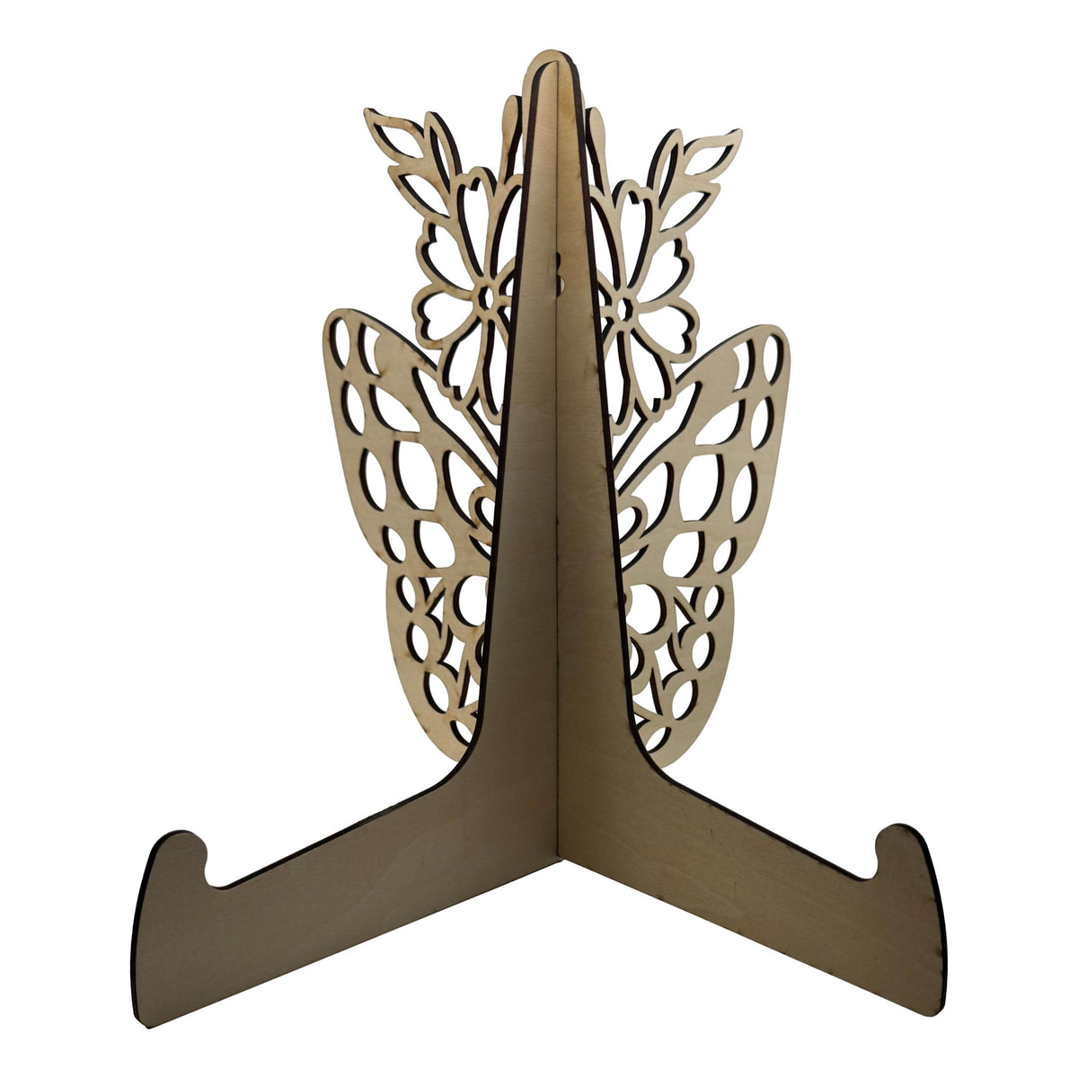Decorative wooden EASEL stand with intricate cut-out designs on a white background