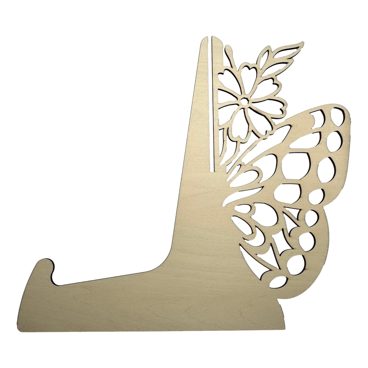 Decorative wooden EASEL stand with intricate cut-out designs on a white background