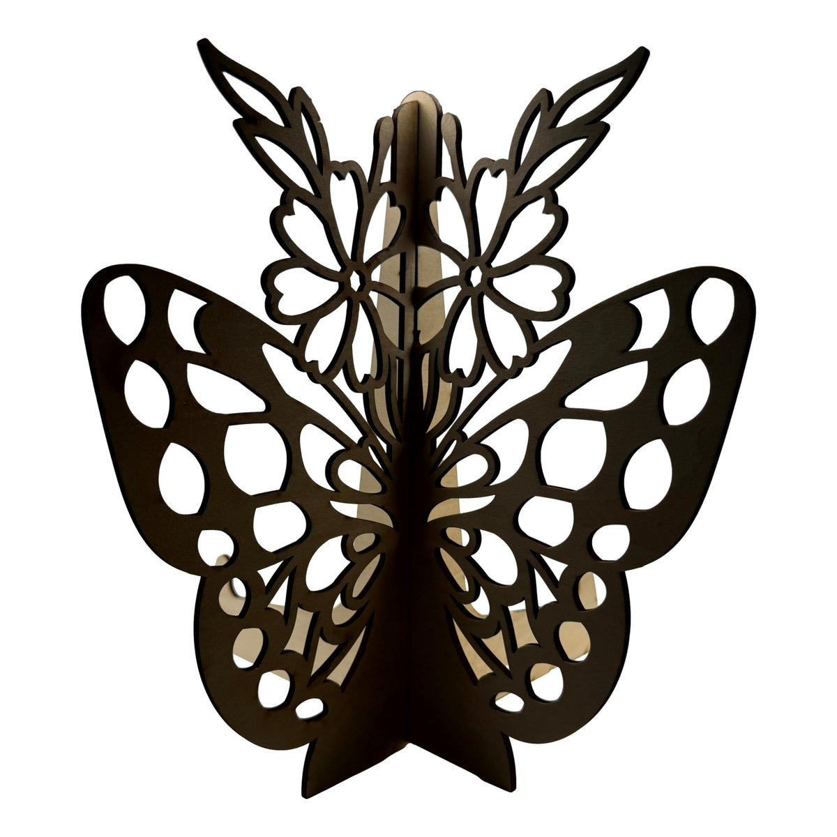 Decorative wooden EASEL stand with intricate cut-out designs on a white background