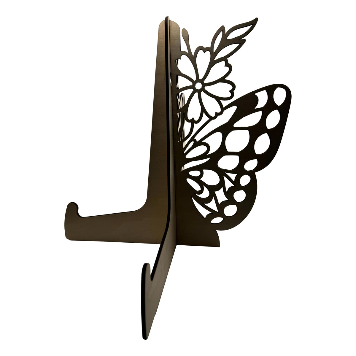 Decorative wooden EASEL stand with intricate cut-out designs on a white background