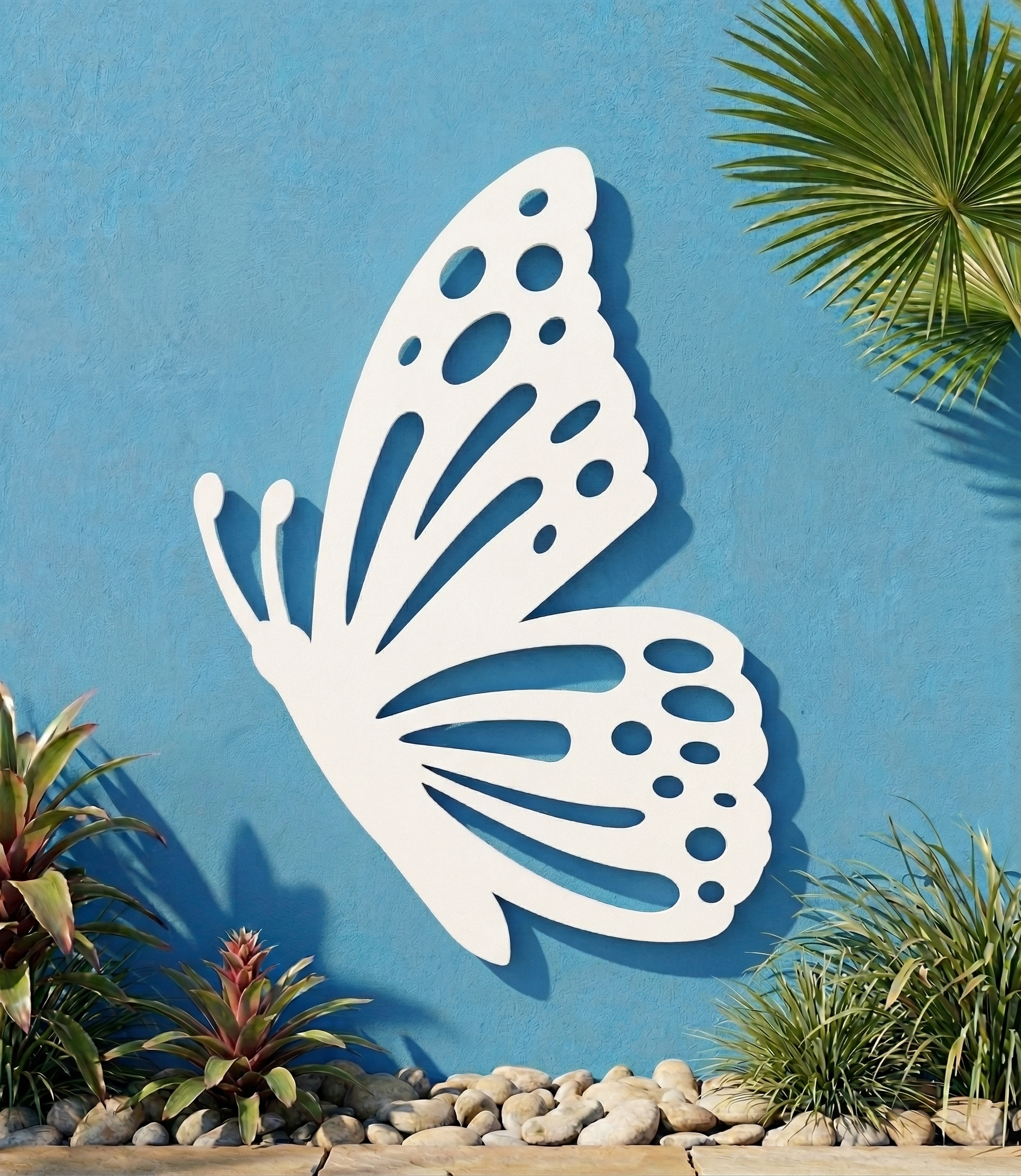 White PVC butterfly-shaped wall art on a blue wall with plants around