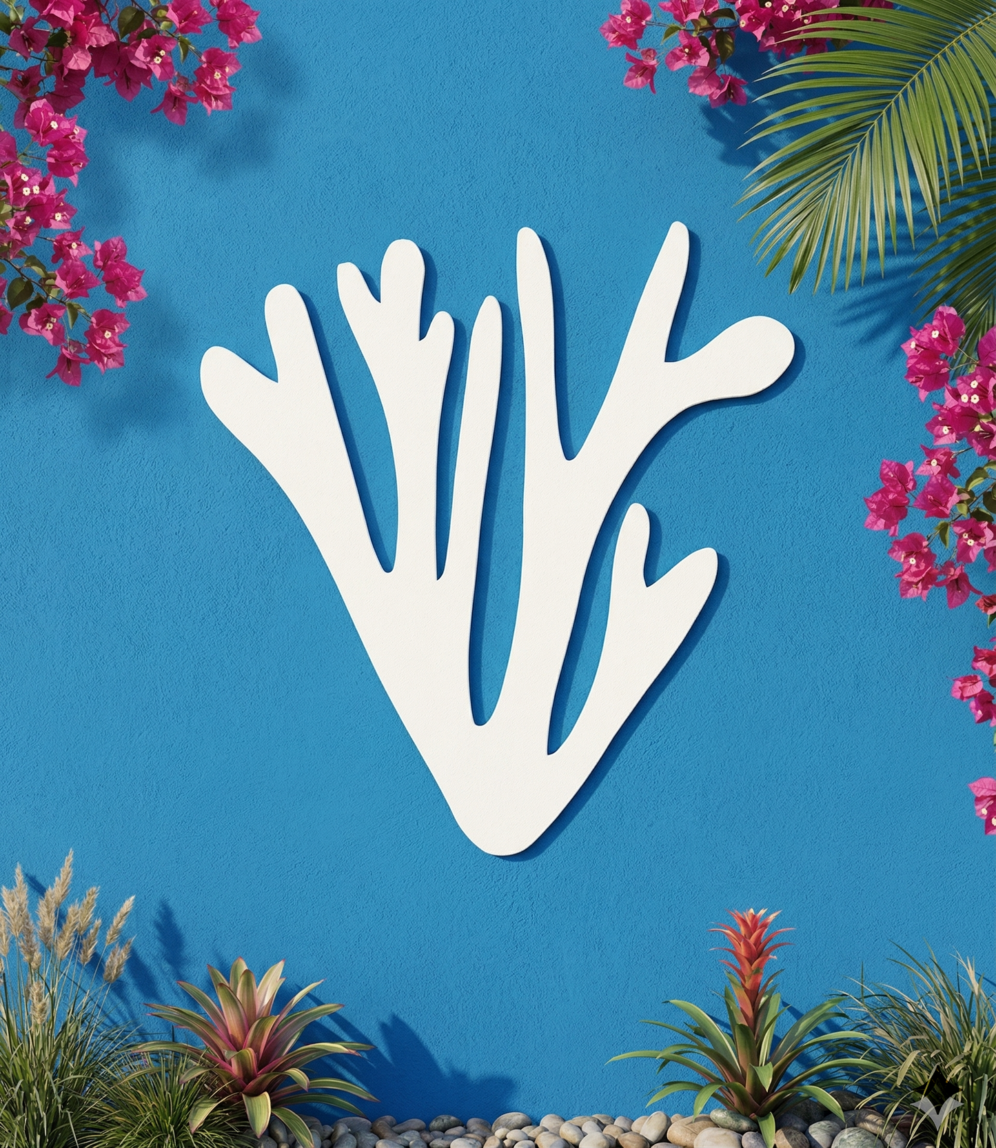 White PVC coral-like sculpture on a blue background with pink flowers and green foliage.