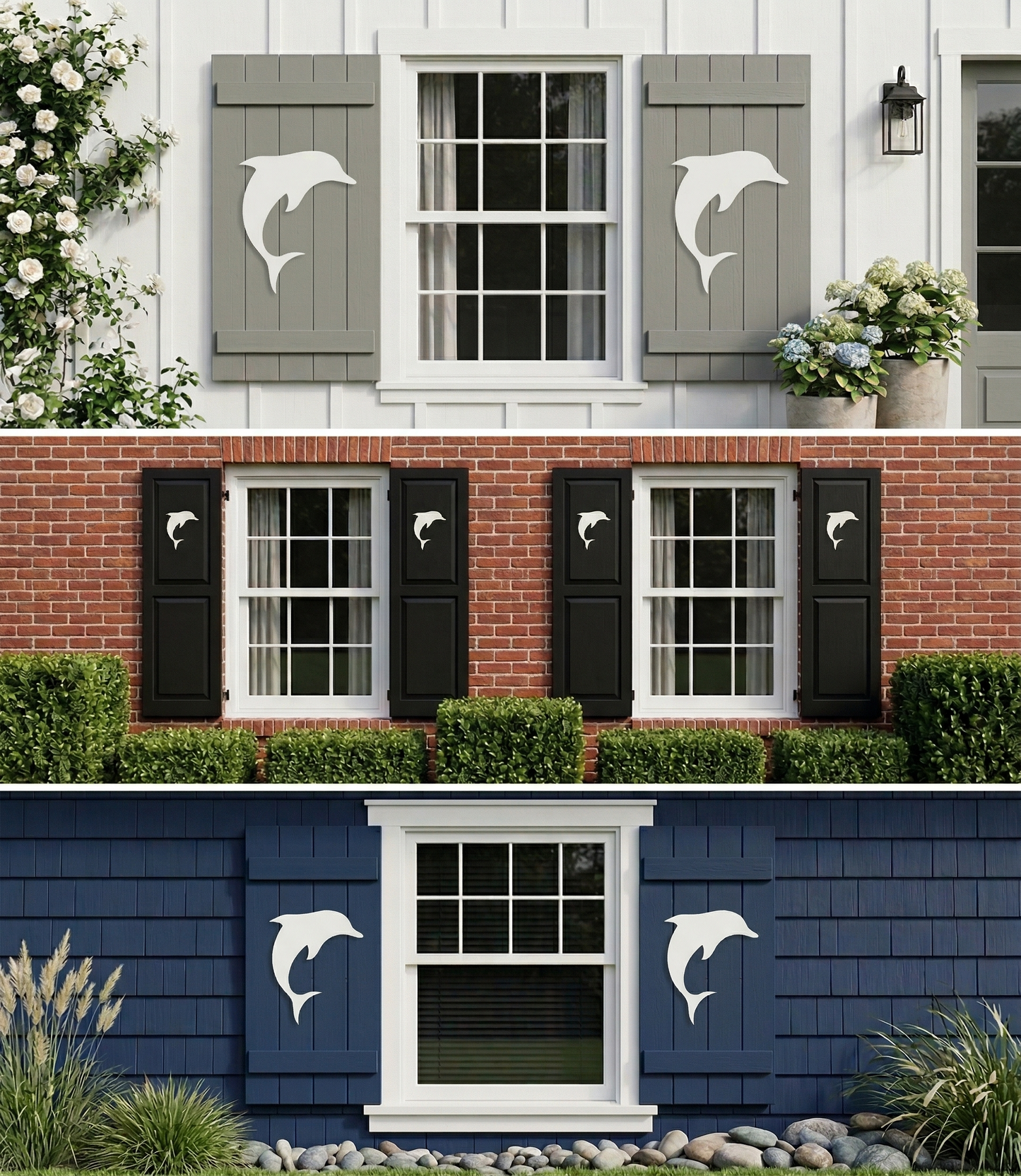3 samples of Decorative shutters with dolphin designs on different colored house exteriors.
