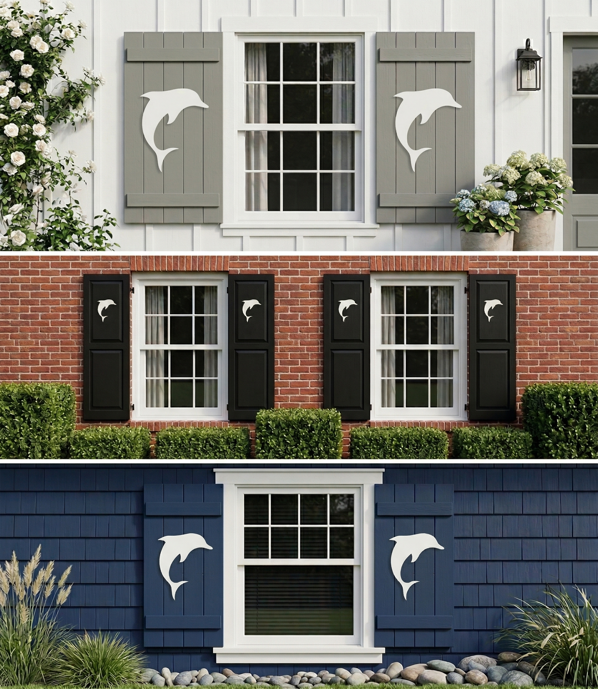 3 samples of Decorative shutters with dolphin designs on different colored house exteriors.