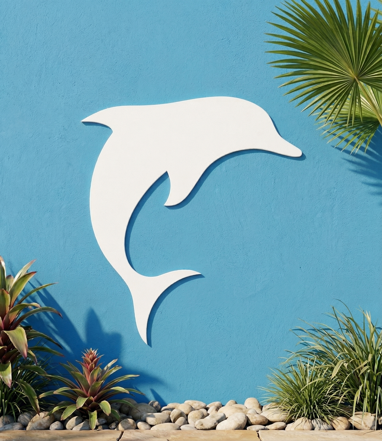 White PVC dolphin wall / shutter accent art on a blue wall with plants around