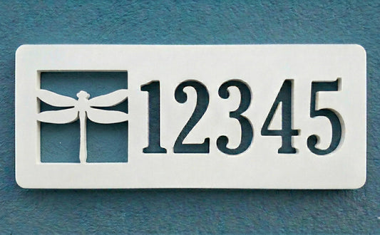 Rectangular PVC white house number sign with '12345' and a dragonfly design on a blue background