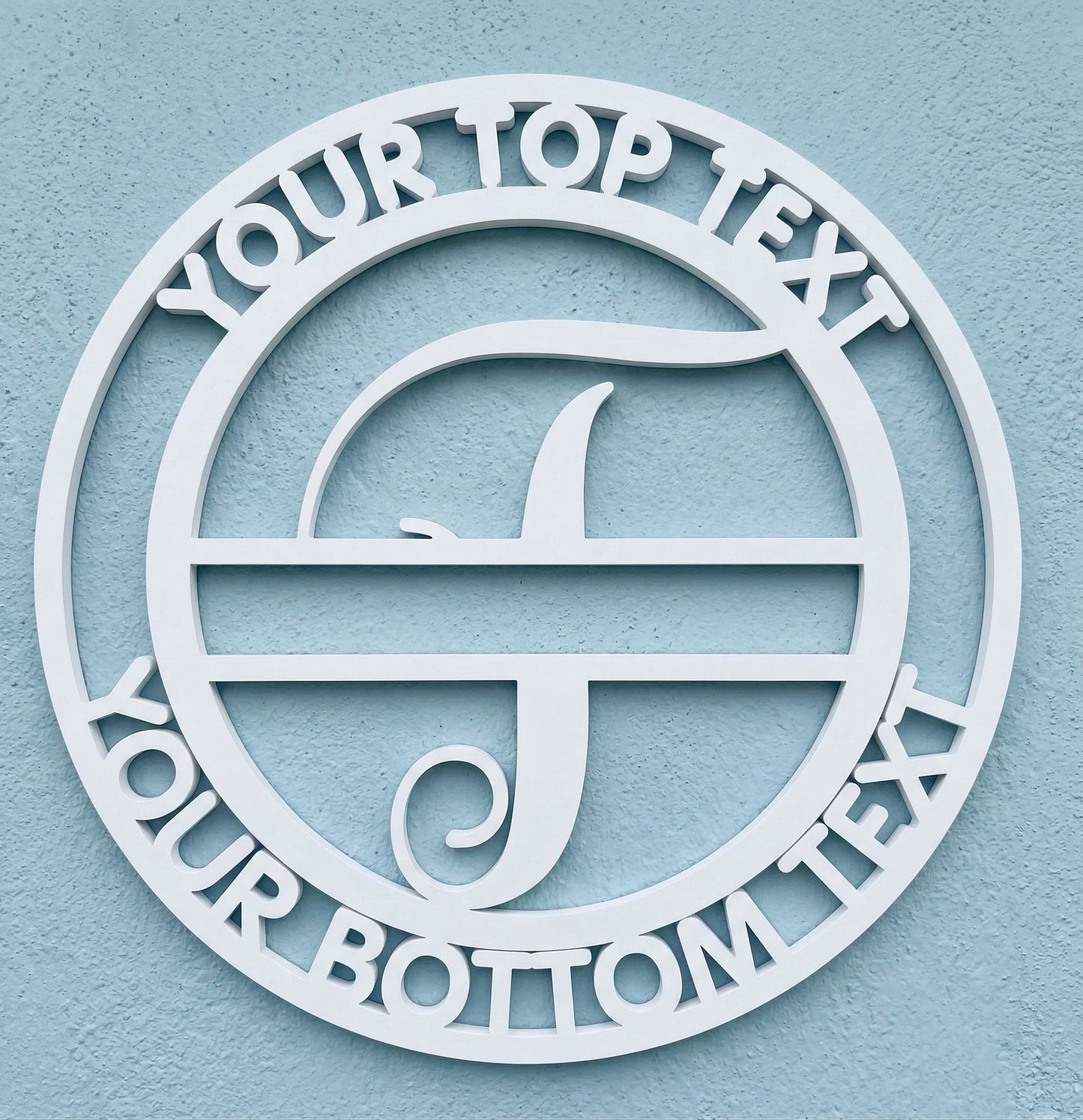 Decorative white PVC wall art with the letter "F" and customizable text on a light blue background