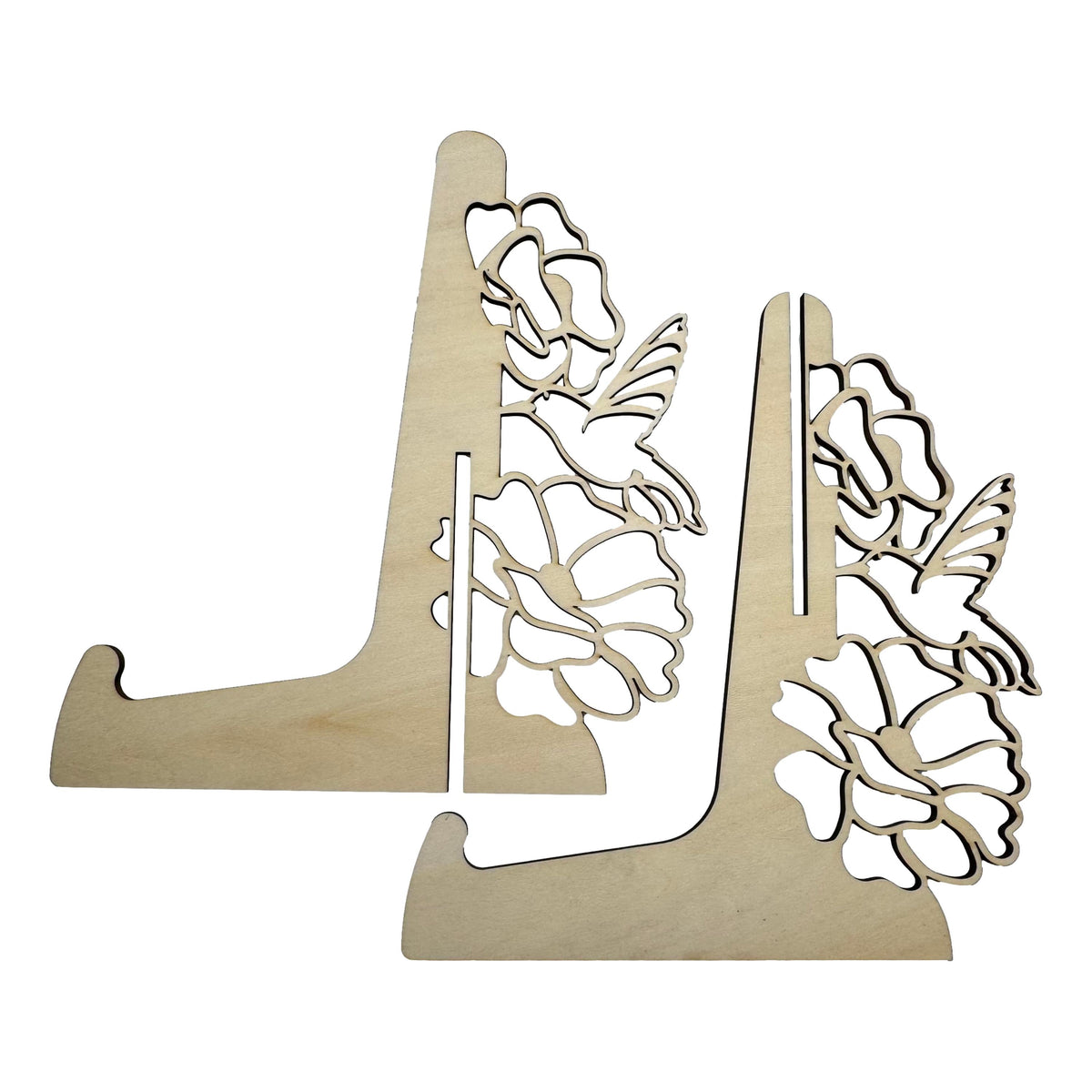 Wooden EASEL HUMMINGBIRD floral cutouts on a white background