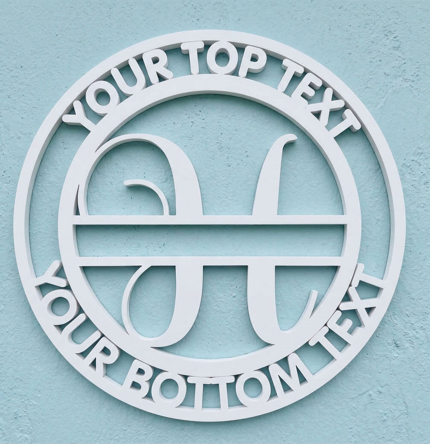Decorative white PVC wall art with the letter "H" and customizable text on a light blue background