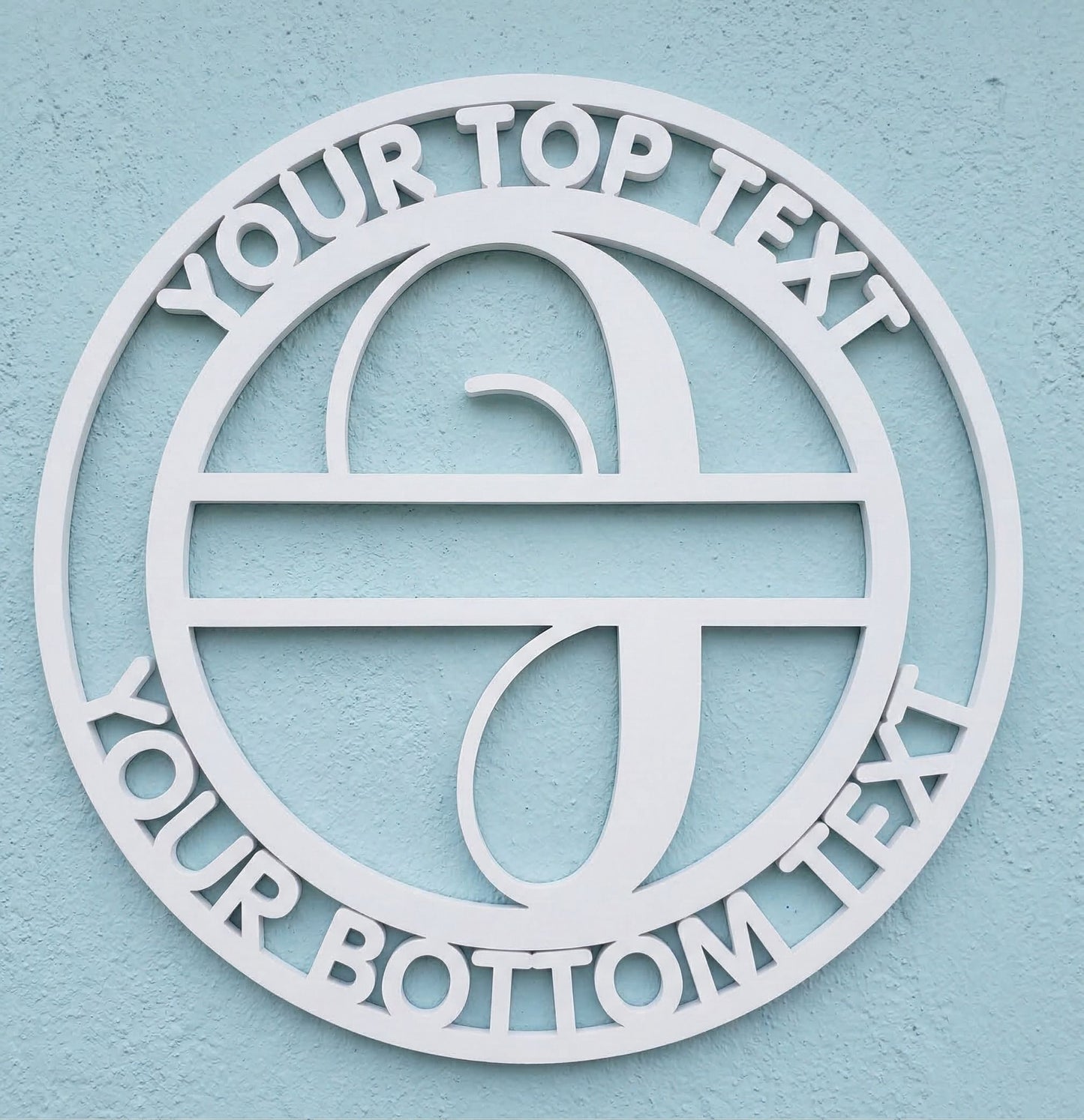 Decorative white PVC wall art with the letter "I" and customizable text on a light blue background