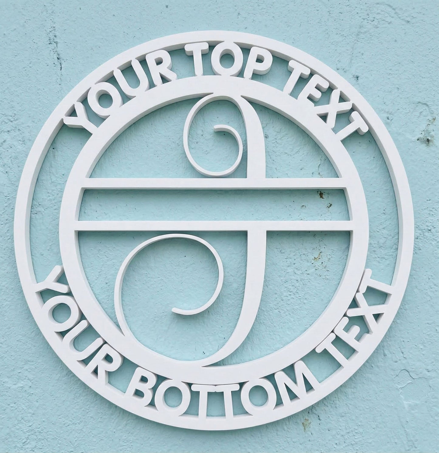 Decorative white PVC wall art with the letter "J" and customizable text on a light blue background