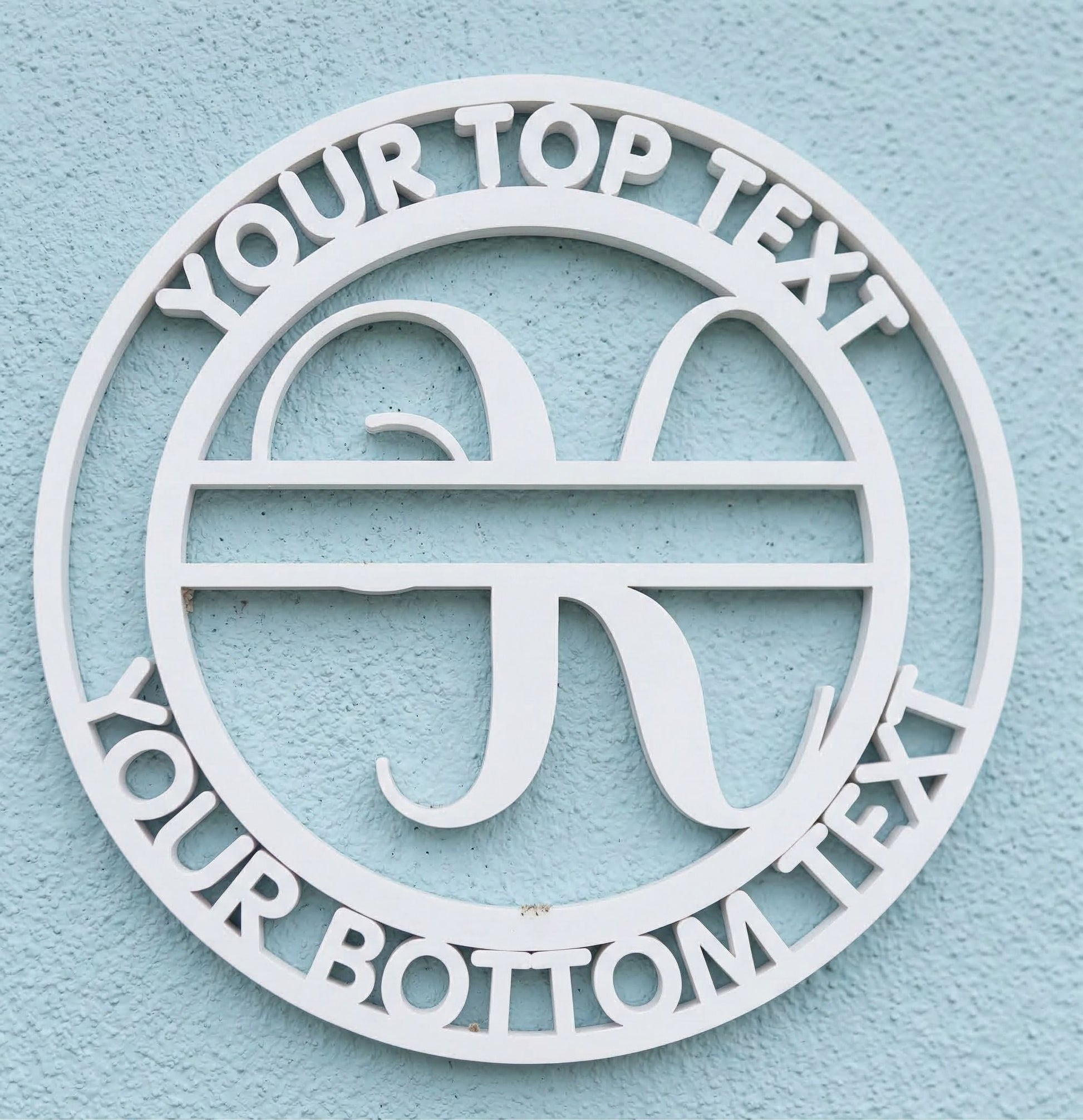 Decorative white PVC wall art with the letter "K" and customizable text on a light blue background