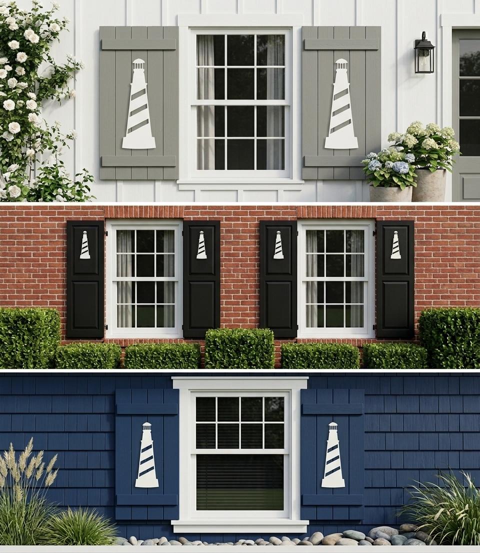 Collage of three different house exterior designs with window shutters and lighthouse decorations.