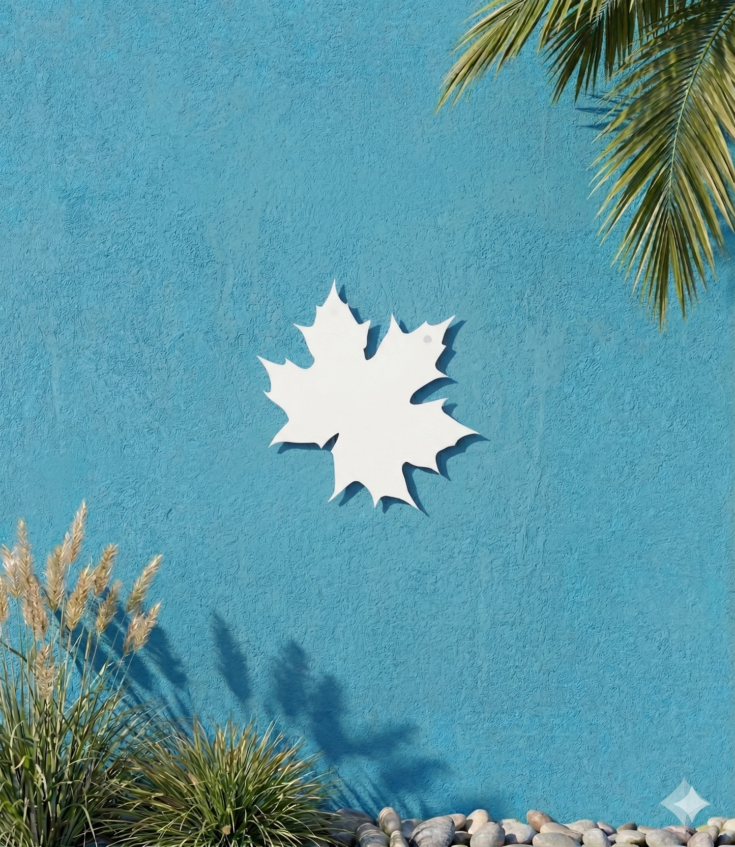White PVC maple leaf-shaped sign on a blue wall with plants around
