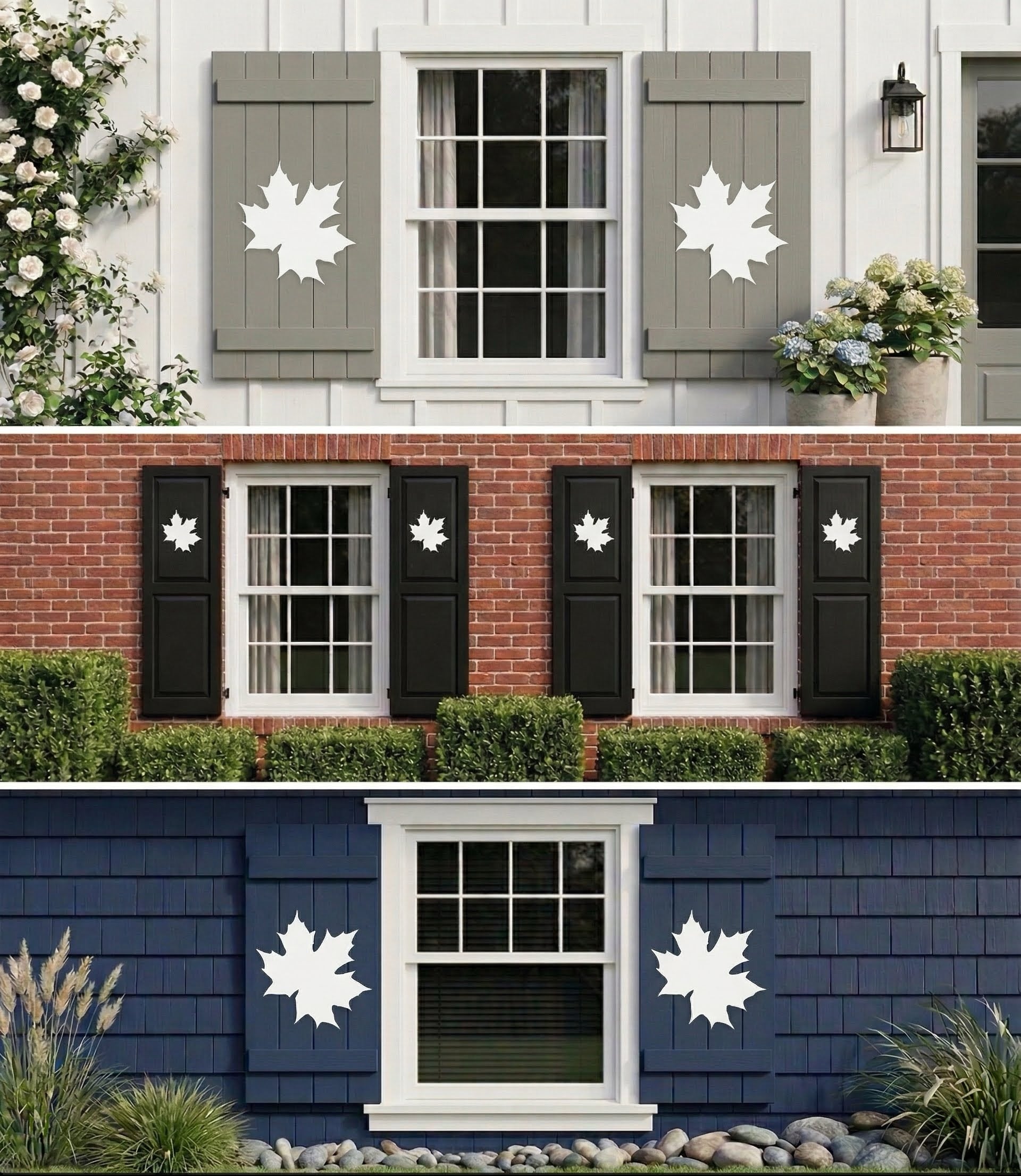 Three different exterior house color schemes with window shutters and decorative leaves.