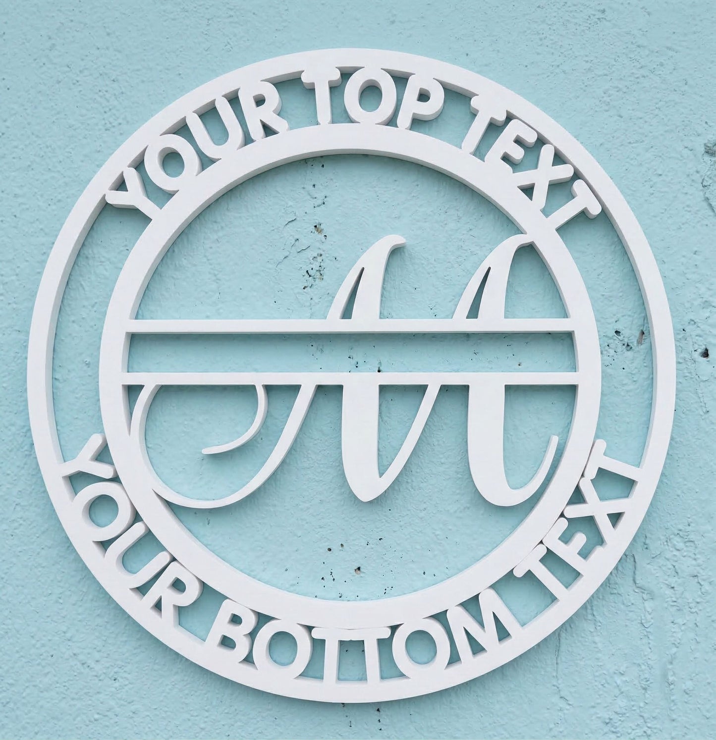 Decorative white PVC wall art with the letter "M" and customizable text on a light blue background