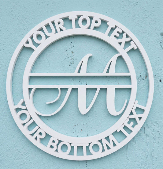 Decorative white PVC wall art with the letter "M" and customizable text on a light blue background