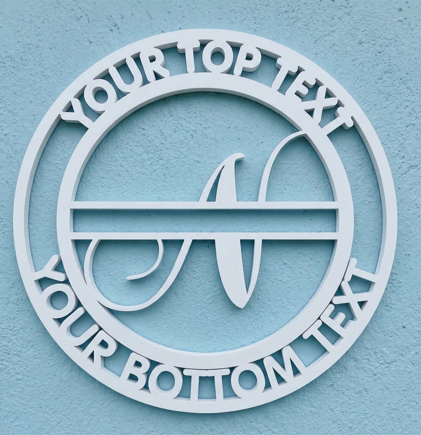 Decorative white PVC wall art with the letter "N" and customizable text on a light blue background
