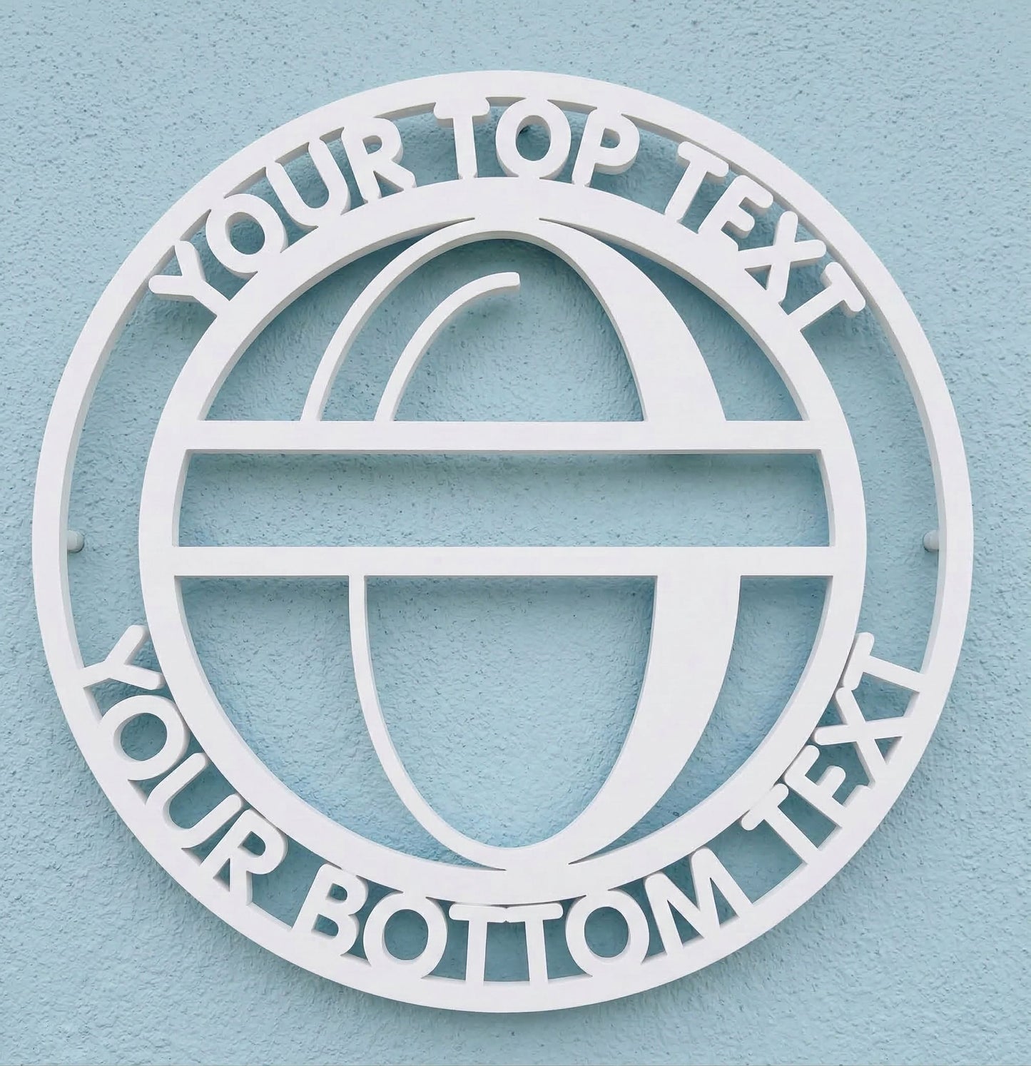 Decorative white PVC wall art with the letter "O" and customizable text on a light blue background
