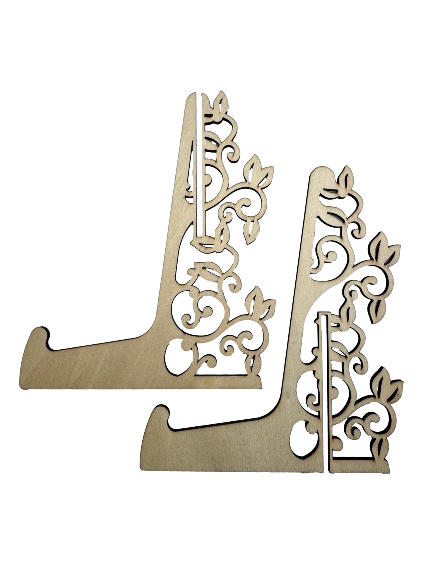 Decorative wooden EASEL PICTURE STAND intricate cut-out patterns on a white background