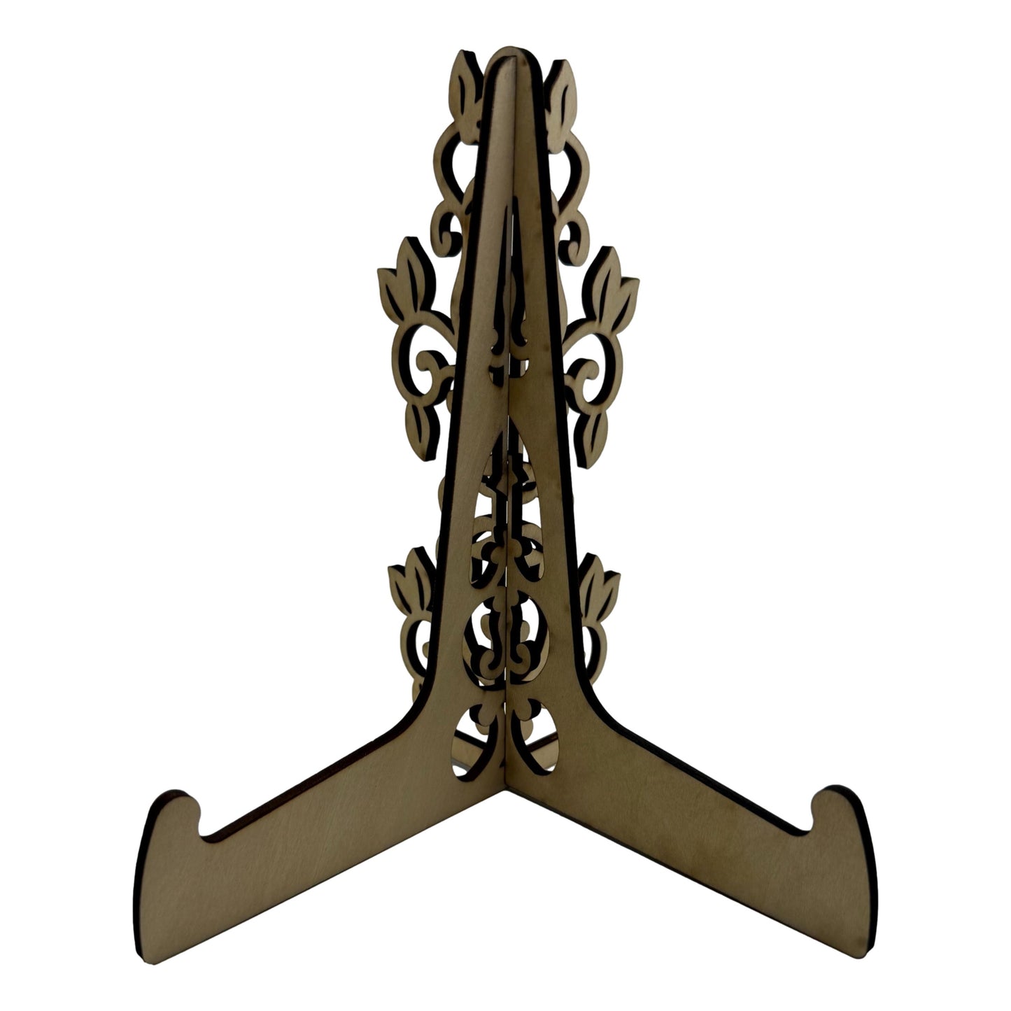 Ornate Laser-Cut Basswood Display Stand – Elegant Scrollwork Easel for Picture Frames, Plates, and Art