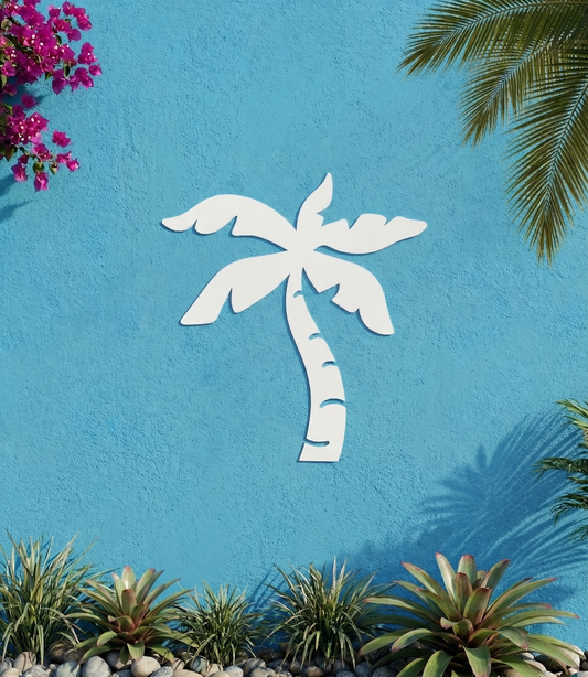 White custom pvc palm tree wall decor on a blue wall with plants and flowers around.