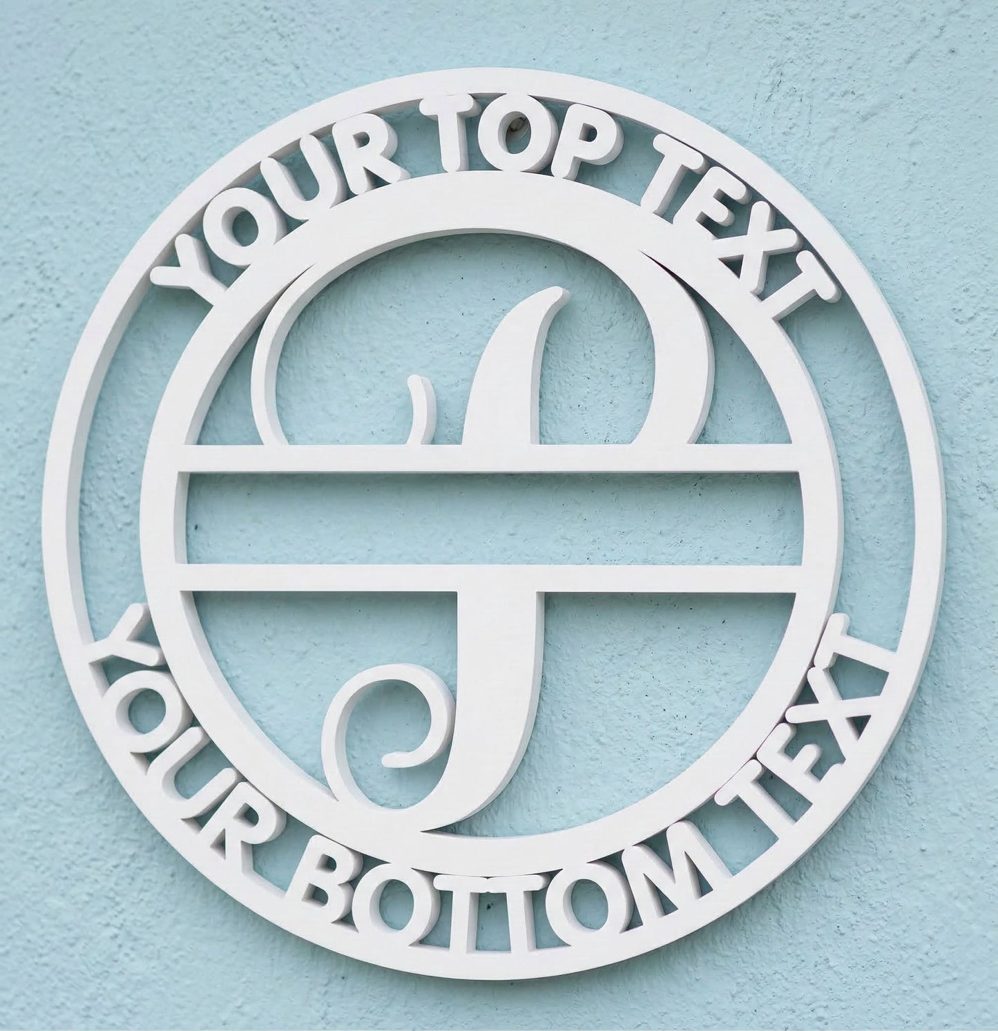 Decorative white PVC wall art with the letter "P" and customizable text on a light blue background