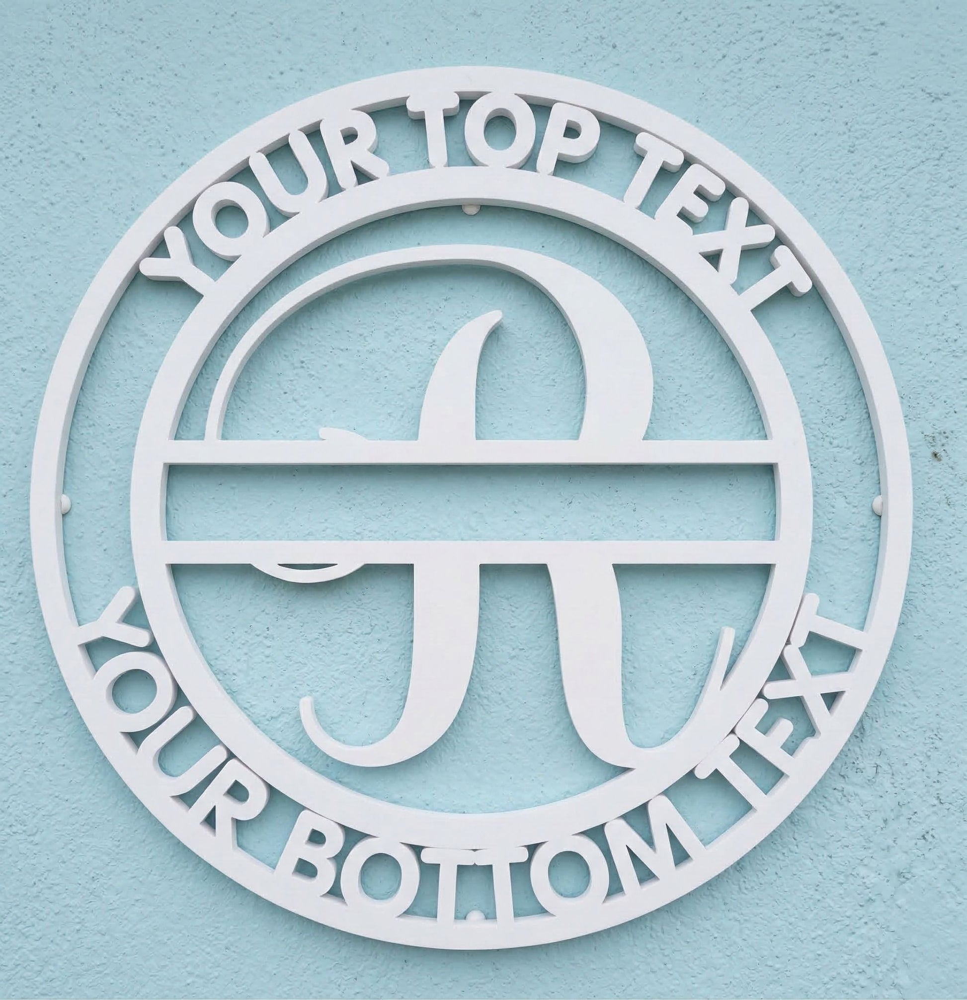 Decorative white PVC wall art with the letter "R" and customizable text on a light blue background