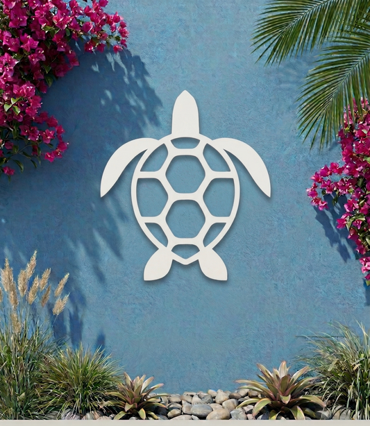 PVC turtle sculpture on a blue wall with flowers and plants around