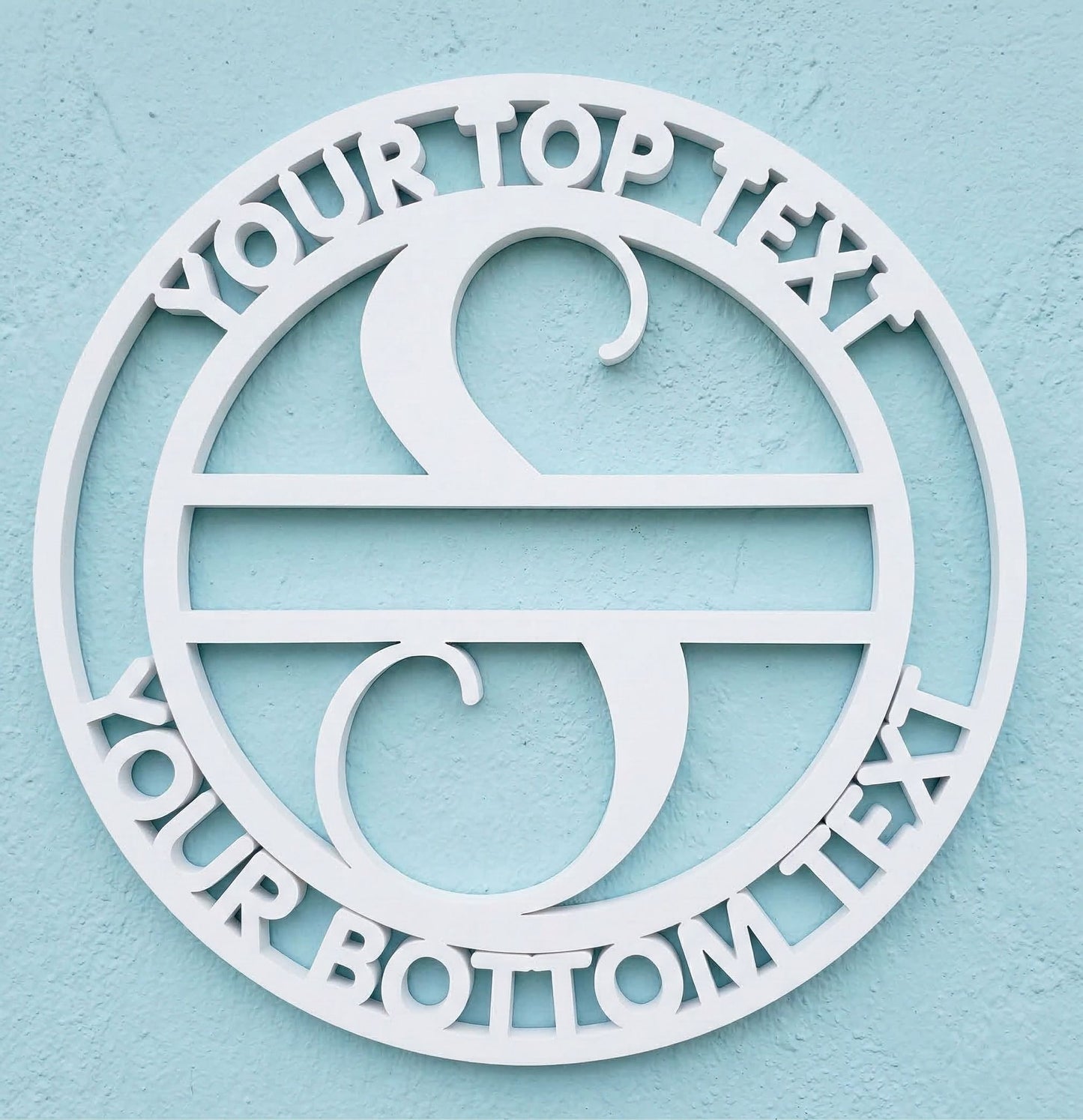 Decorative white PVC wall art with the letter "S" and customizable text on a light blue background