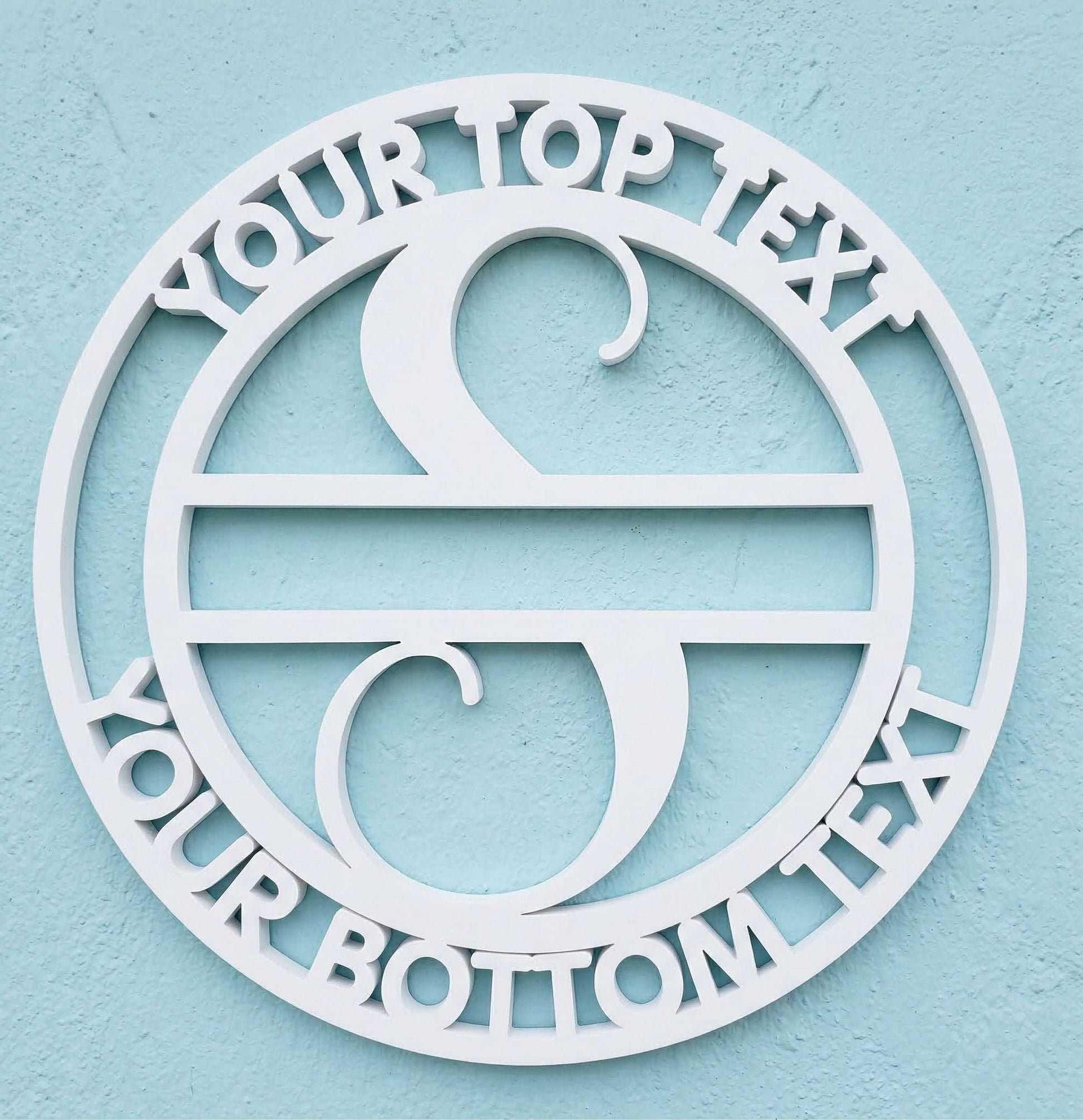 Decorative white PVC wall art with the letter "S" and customizable text on a light blue background