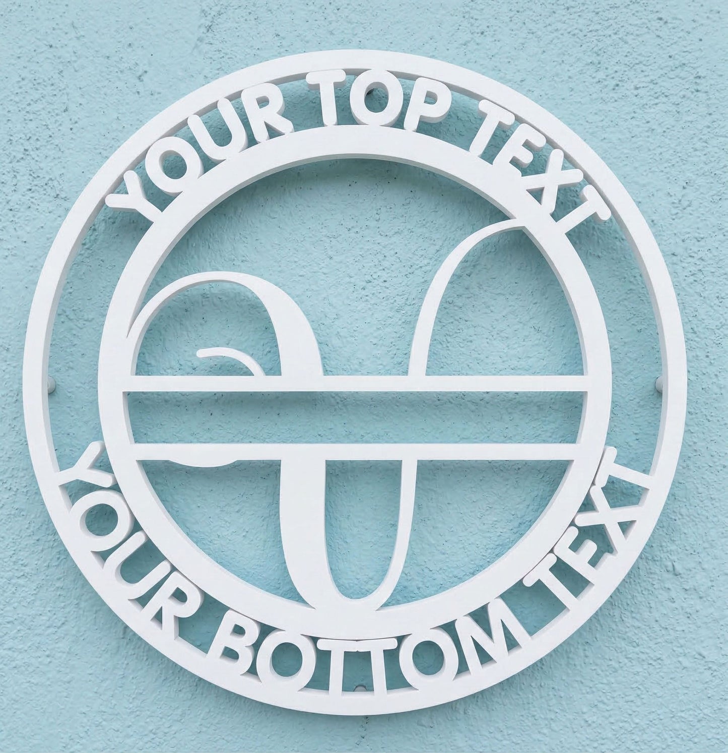 Decorative white PVC wall art with the letter "V" and customizable text on a light blue background