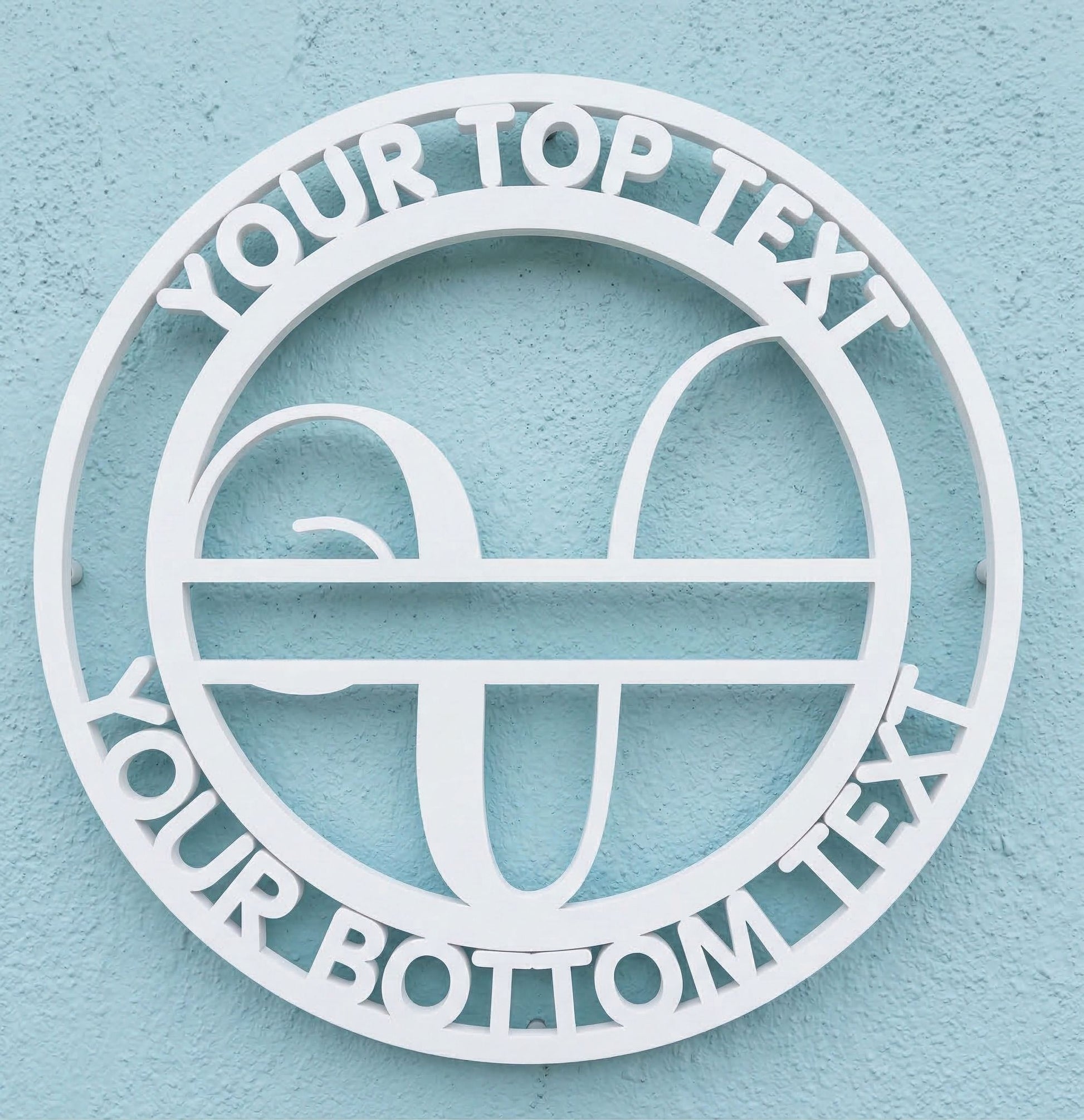 Decorative white PVC wall art with the letter "V" and customizable text on a light blue background