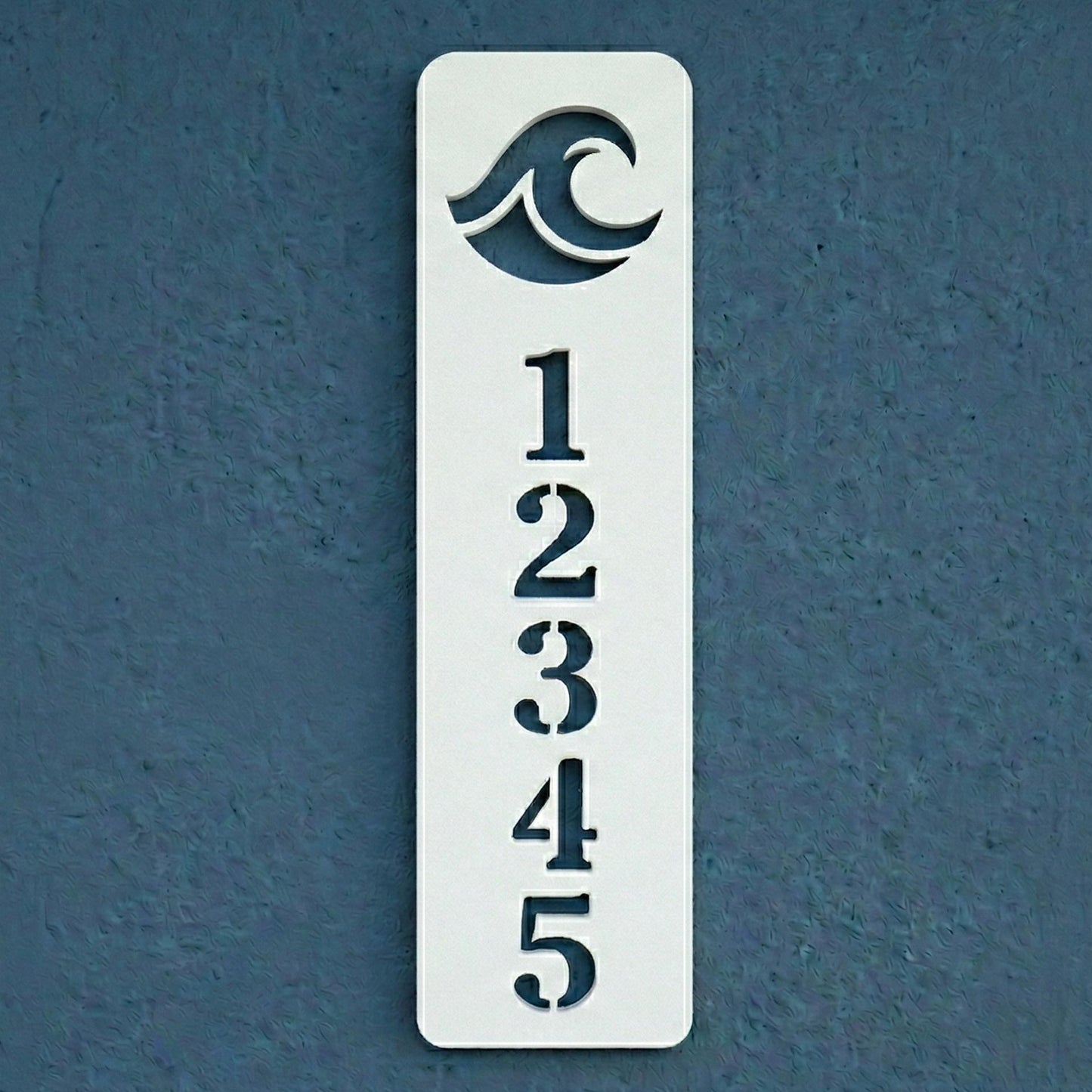 pvc address plaque with numbers and wave design on a blue background