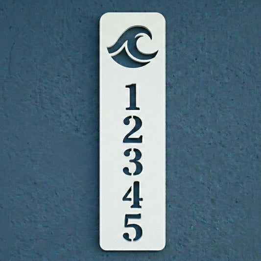 pvc address plaque with numbers and wave design on a blue background