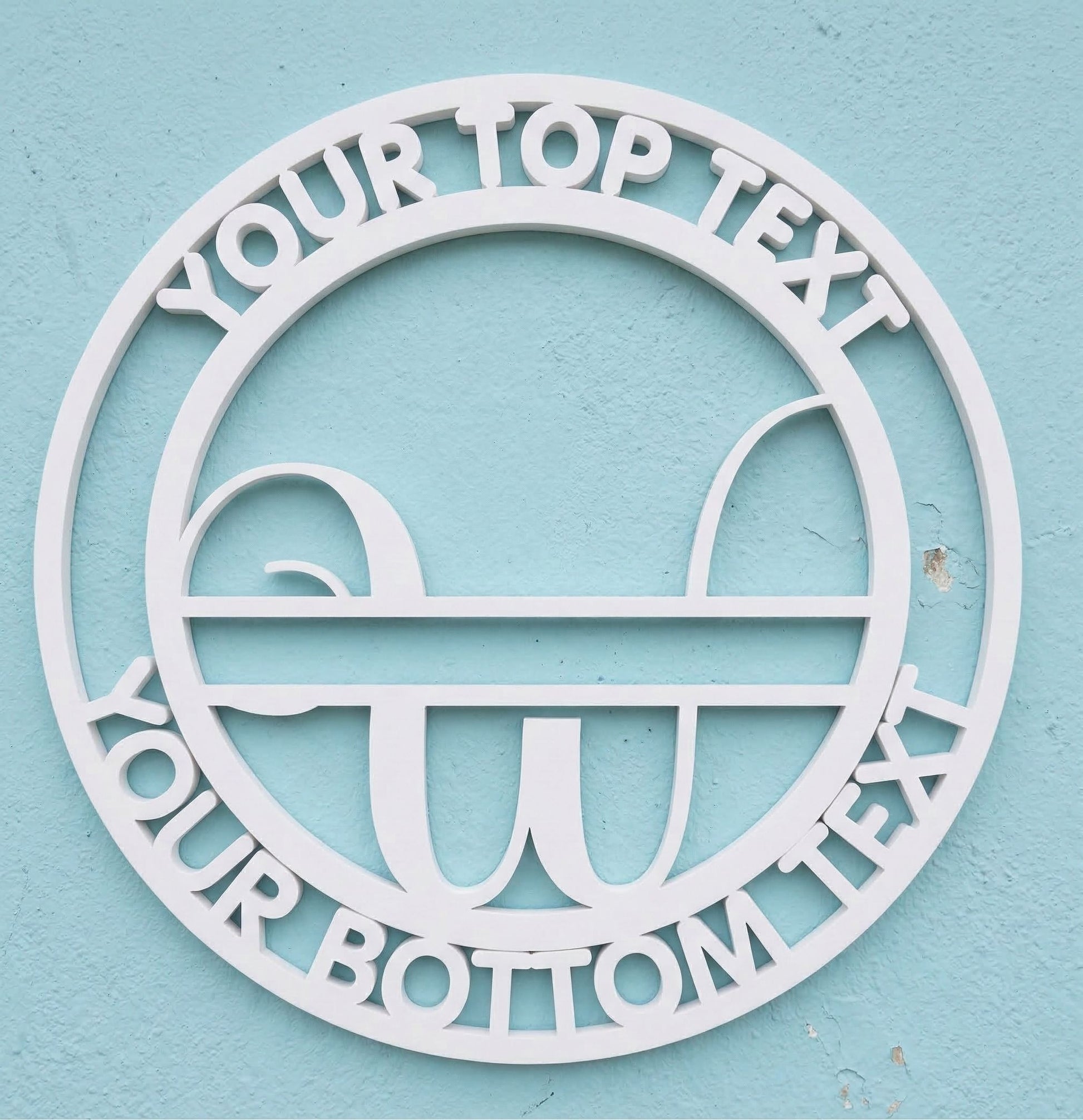 Decorative white PVC wall art with the letter "W" and customizable text on a light blue background