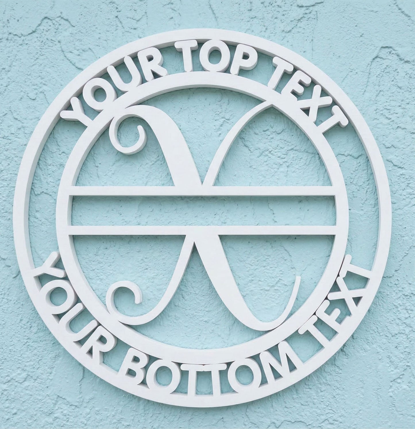 Decorative white PVC wall art with the letter "X" and customizable text on a light blue background