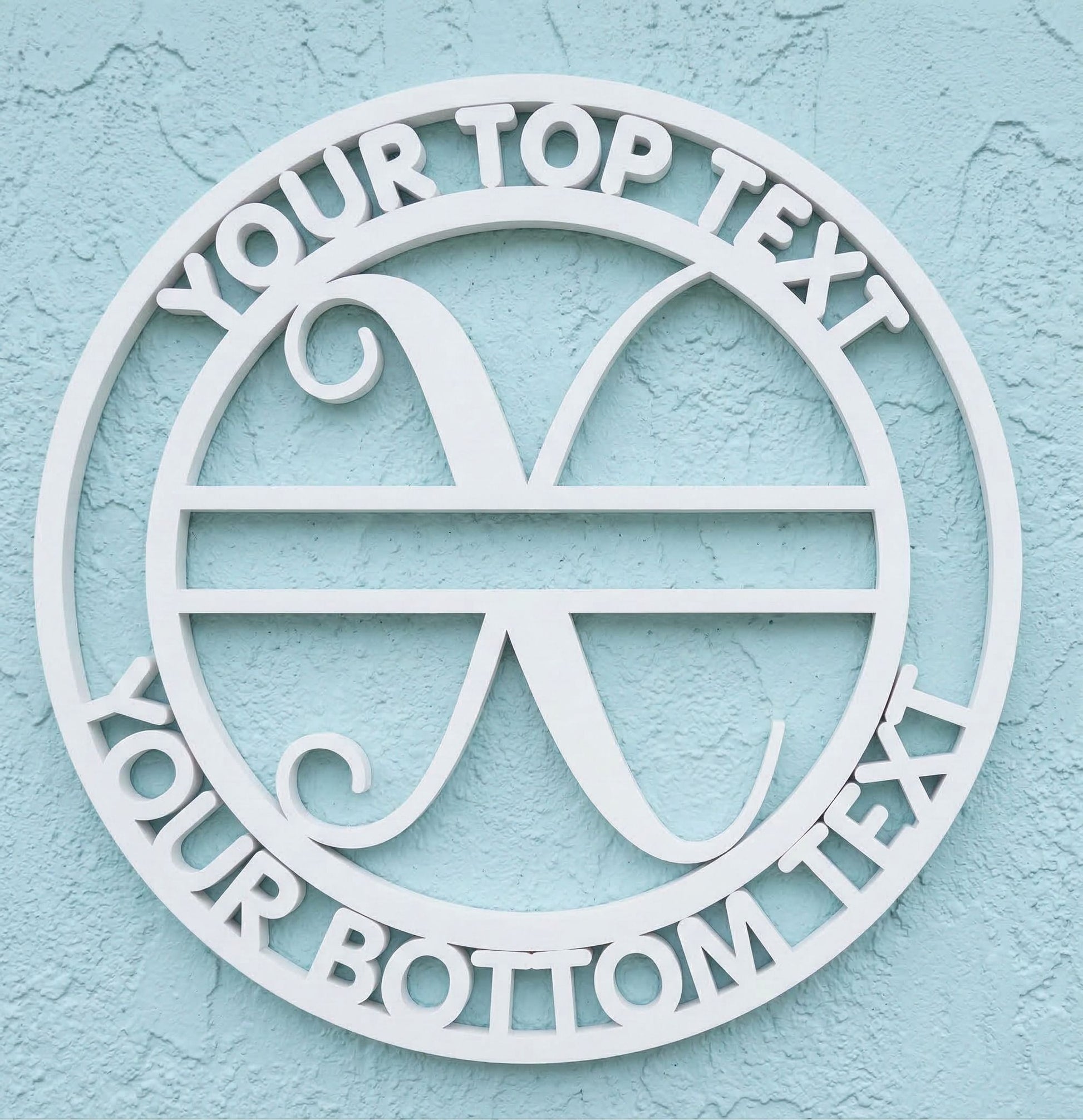 Decorative white PVC wall art with the letter "X" and customizable text on a light blue background