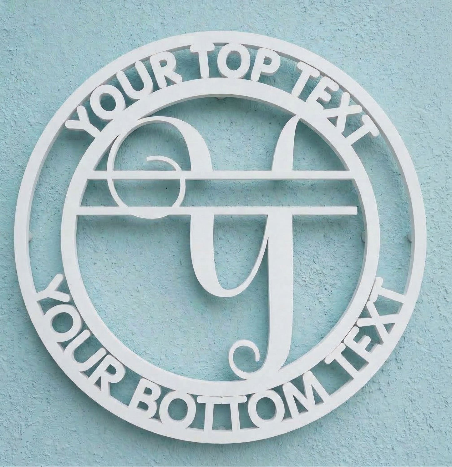 Decorative white PVC wall art with the letter "Y" and customizable text on a light blue background